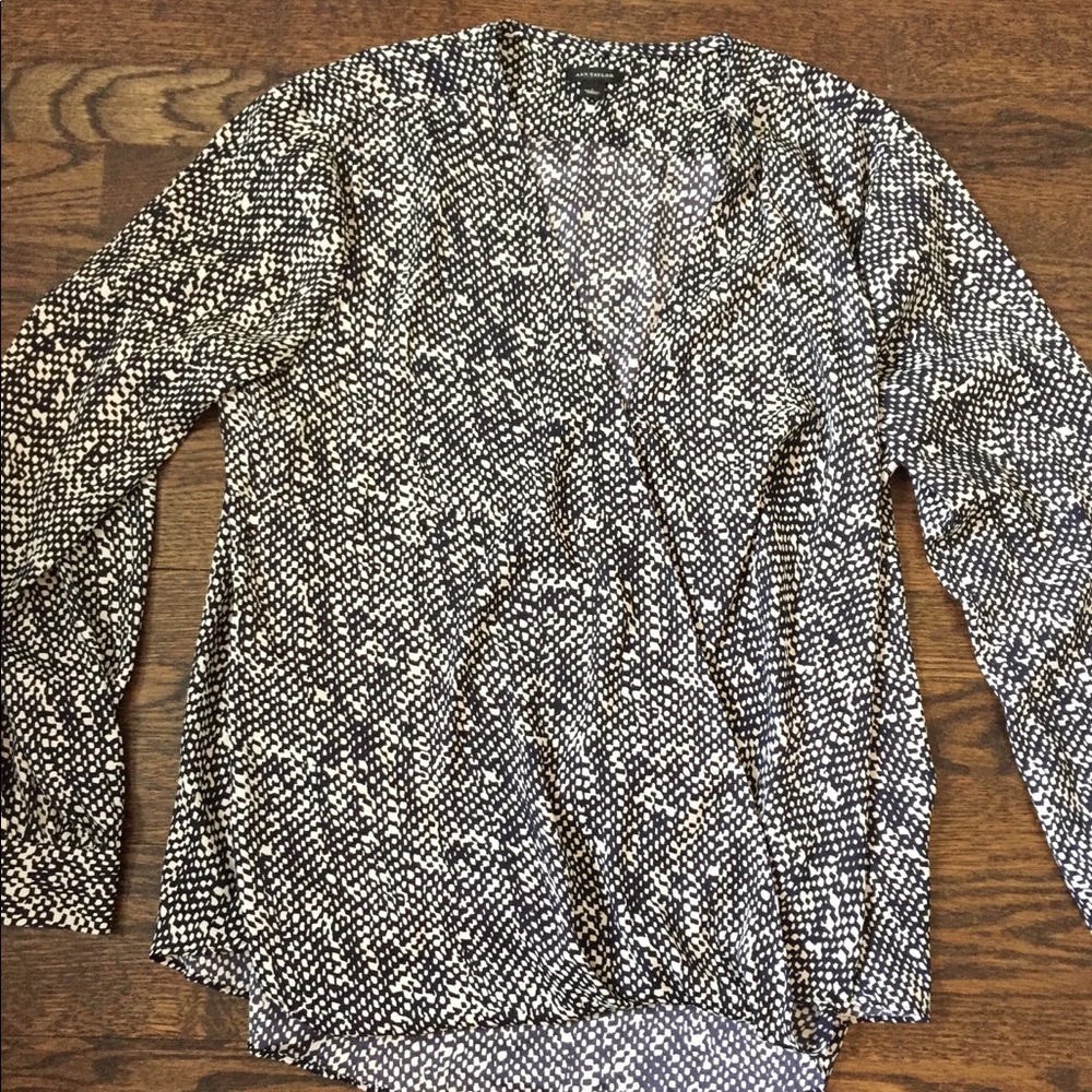 Ann Taylor Faux Wrap Navy Cream Blouse large